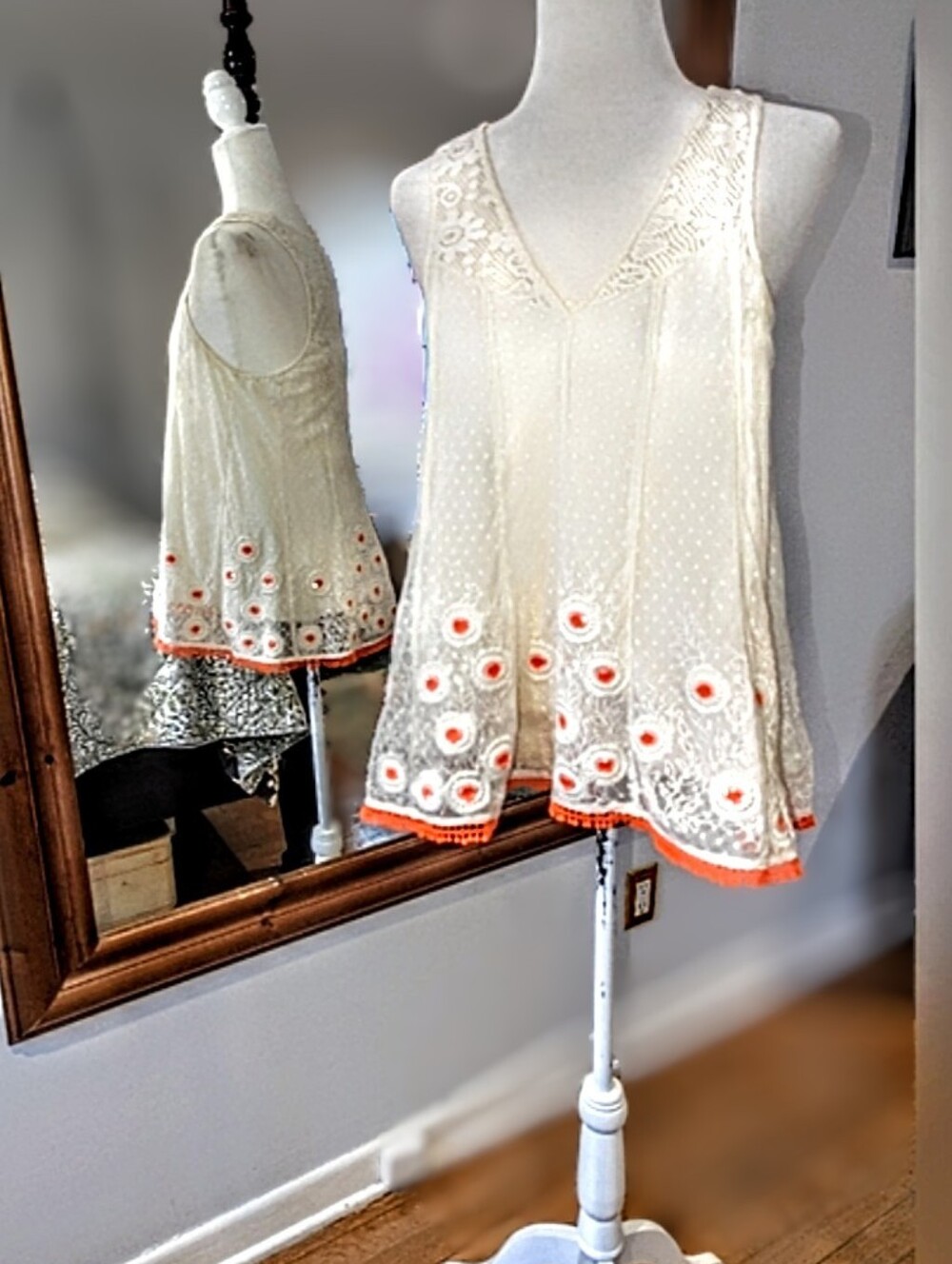 Vanessa Virginia Cream Lace-Trim Camisole with Neon Sequined Orange Hem Accents